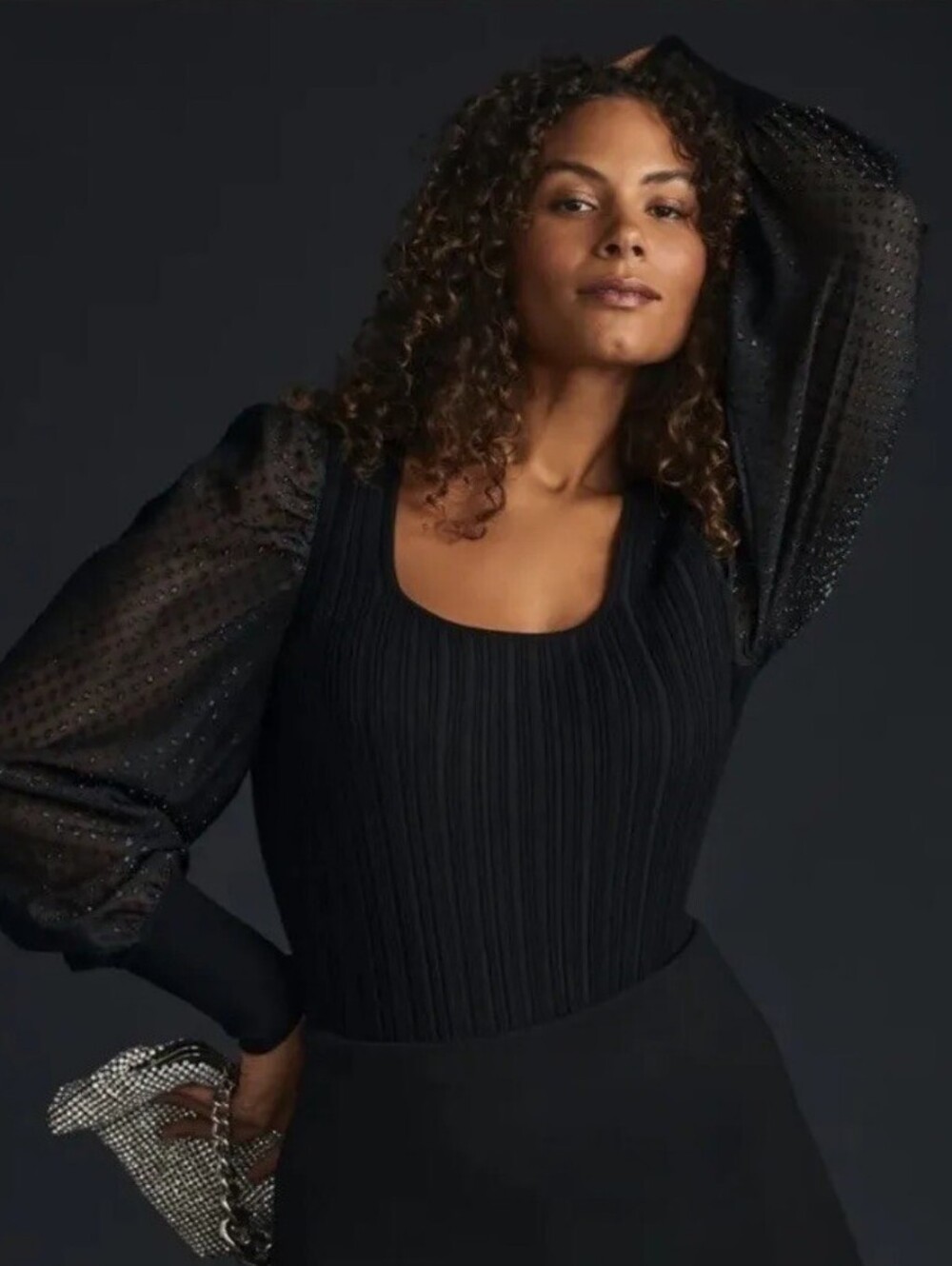 Anthropologie Puff-Sleeve Shimmer Sweater Black NWOT